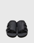 SUICOKE KAW-Cab slides with black nylon upper, black midsole and sole, strap and logo patch. From Spring/Summer 2023 collection on SUICOKE Official US & Canada Webstore OG-081CAB BLACK