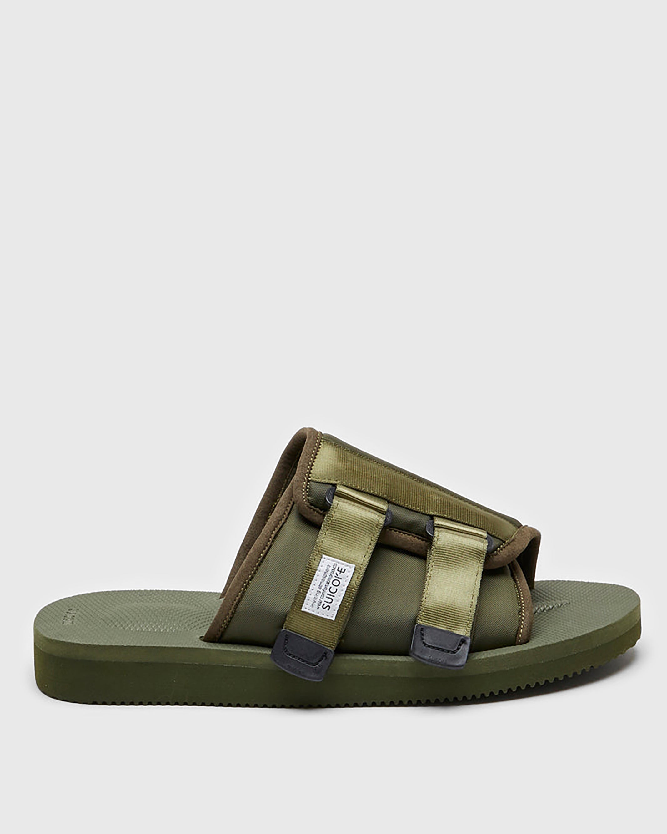 SUICOKE KAW-Cab sandals with olive nylon upper, olive midsole and sole, straps and logo patch. From Spring/Summer 2023 collection on SUICOKE Official US & Canada Webstore. OG-081CAB OLIVE