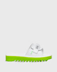 SUICOKE Padri-Slpoab neon green platform shark sole slide sandal, with white footbed and straps. From SUICOKE SS21 collection.