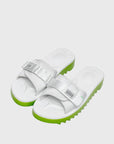 SUICOKE Padri-Slpoab neon green platform shark sole slide sandal, with white footbed and straps. From SUICOKE SS21 collection.