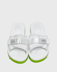 SUICOKE Padri-Slpoab neon green platform shark sole slide sandal, with white footbed and straps. From SUICOKE SS21 collection.