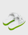 SUICOKE Padri-Slpoab neon green platform shark sole slide sandal, with white footbed and straps. From SUICOKE SS21 collection.