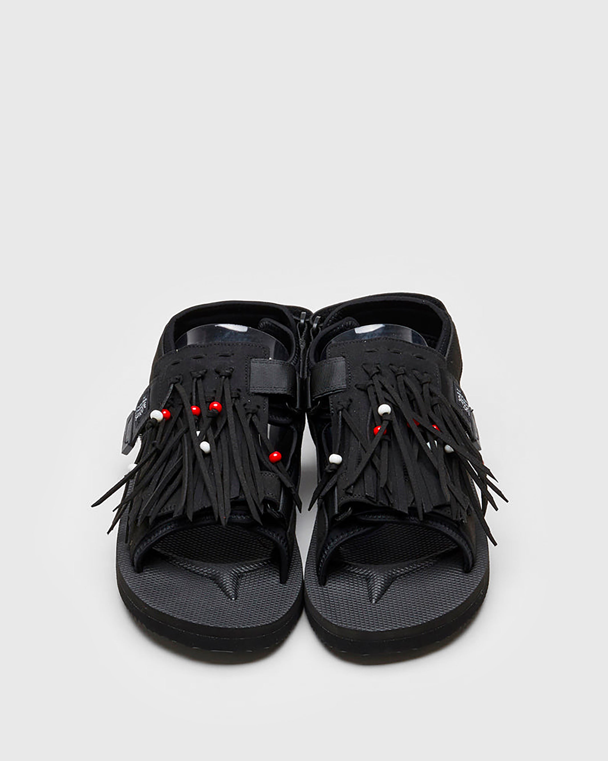 SUICOKE WAS-4ab sandals with black PU suede and nylon upper, black midsole and sole, straps and logo patch. From Spring/Summer 2022 collection on SUICOKE Official US & Canada Webstore.