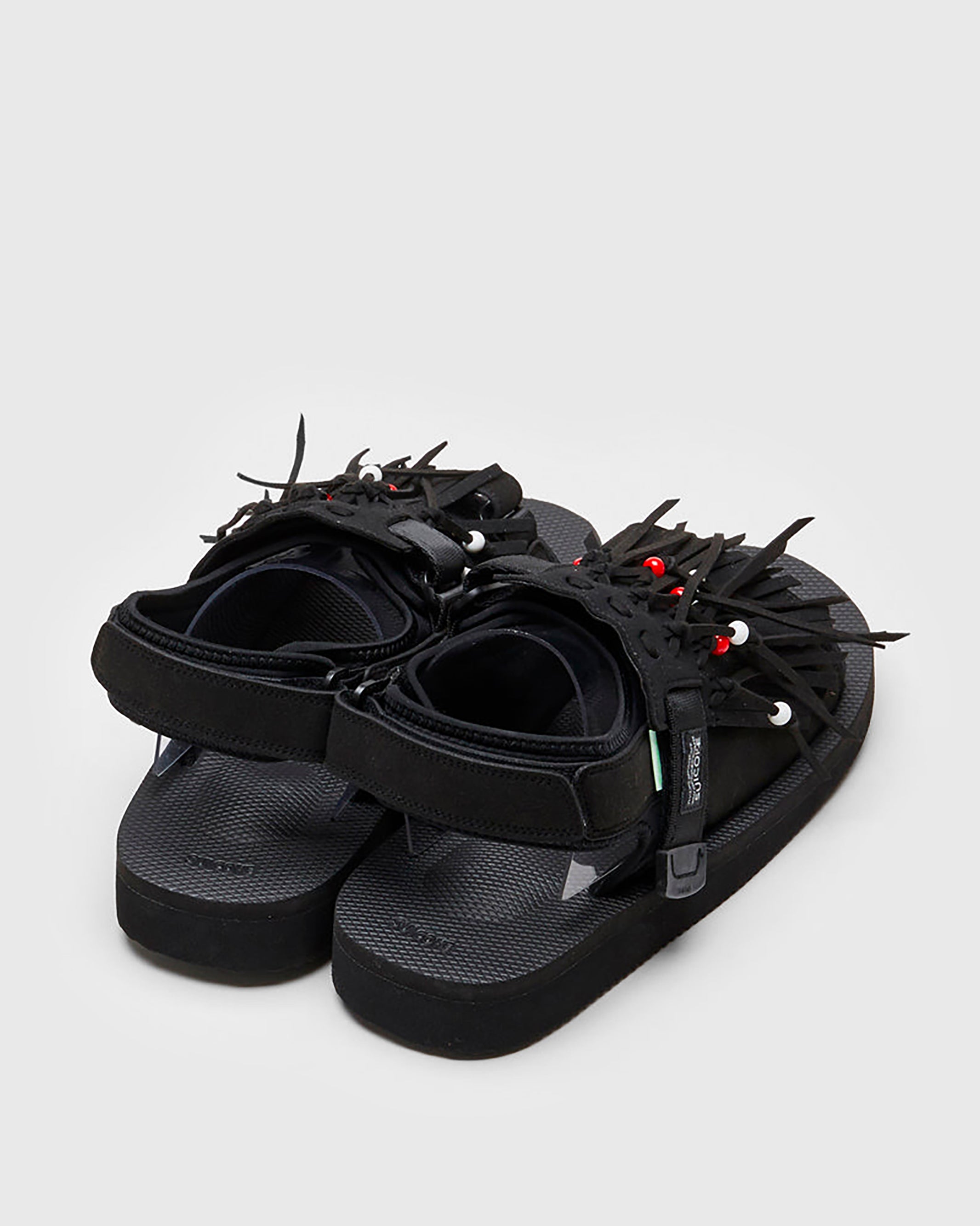 SUICOKE WAS-4ab sandals with black PU suede and nylon upper, black midsole and sole, straps and logo patch. From Spring/Summer 2022 collection on SUICOKE Official US & Canada Webstore.