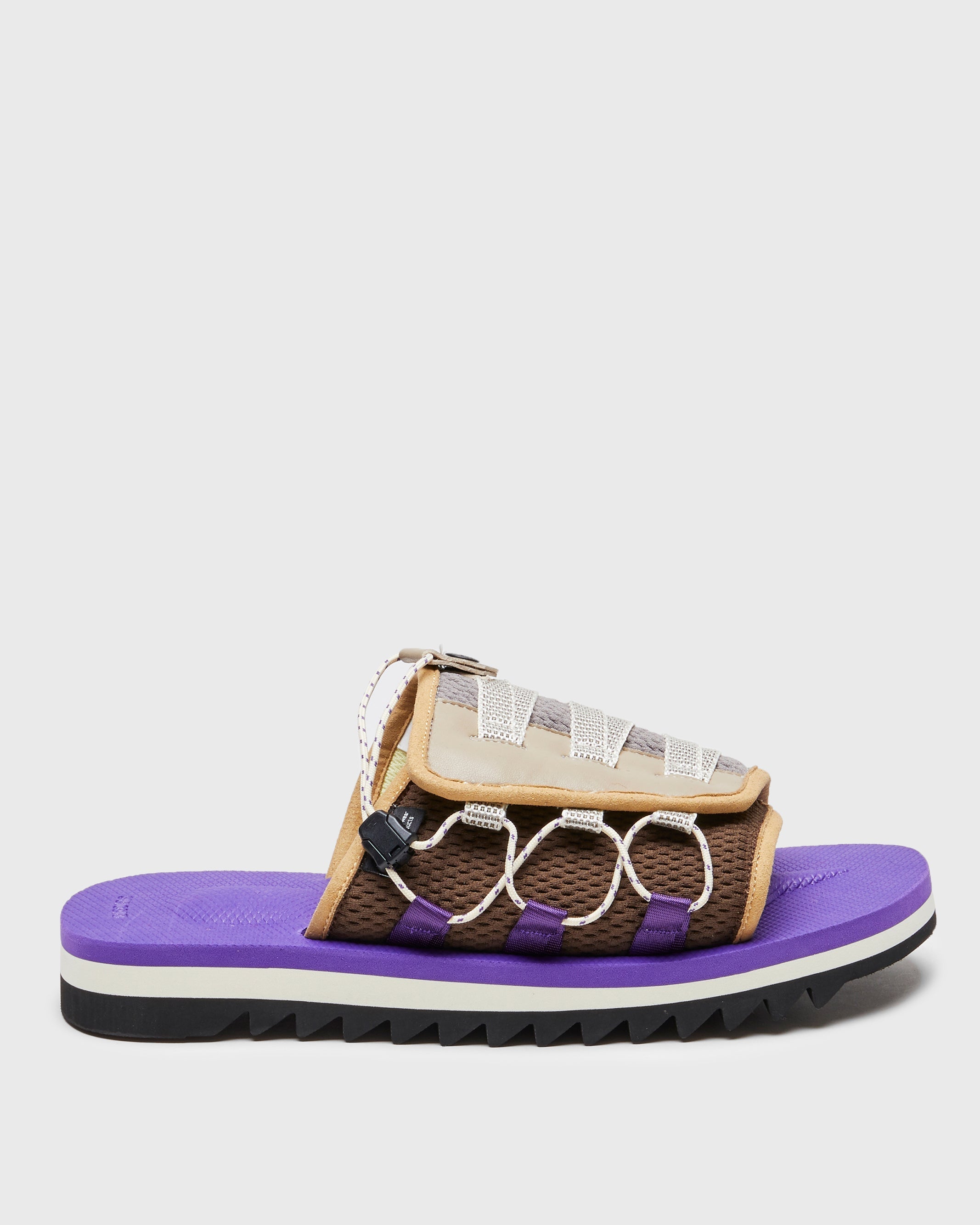 SUICOKE DAO-2AB slides with brown & purple nylon upper, brown & purple midsole and sole, strap and logo patch. From Spring/Summer 2023 collection on SUICOKE Official US & Canada Webstore. OG-195-2AB BROWN X PURPLE