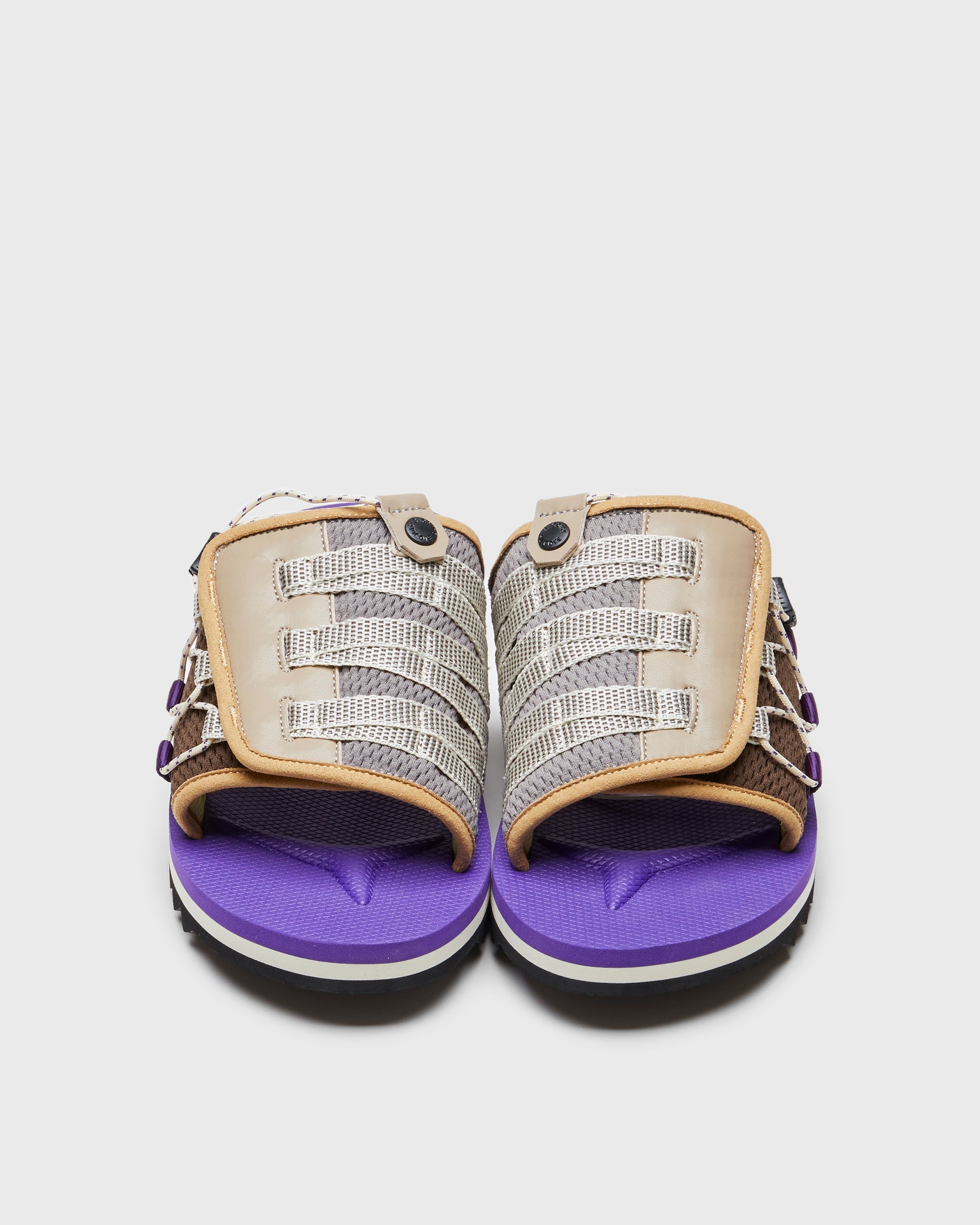 SUICOKE DAO-2AB slides with brown & purple nylon upper, brown & purple midsole and sole, strap and logo patch. From Spring/Summer 2023 collection on SUICOKE Official US & Canada Webstore. OG-195-2AB BROWN X PURPLE