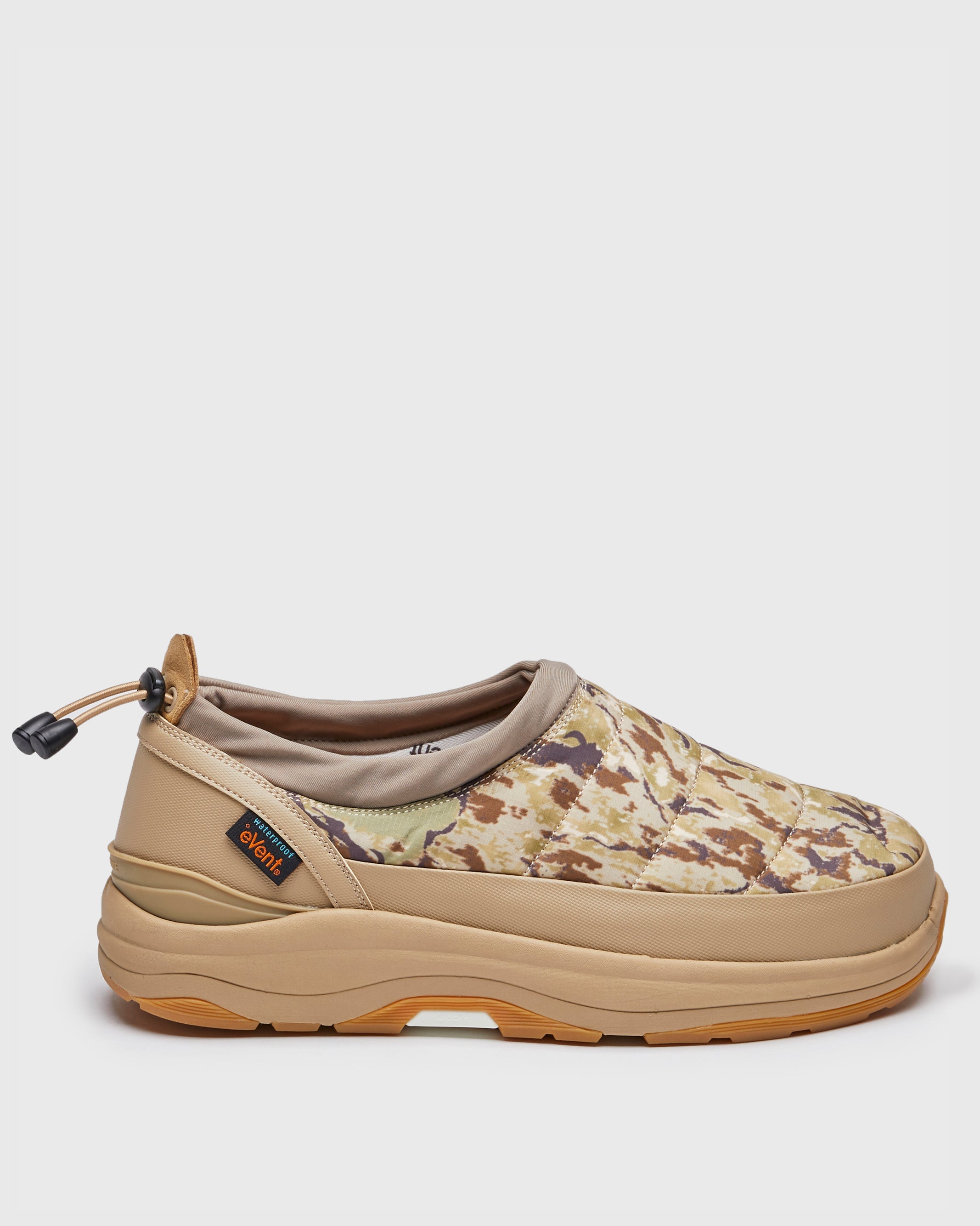 SOUTH2 WEST8 x SUICOKE PEPPER shoes with beige pattern printed upper with original SOUTH2 WEST8 design and beige midsole and sole. From Fall Winter 2023 collection on SUICOKE Official US & Canada Webstore. OG-235EVS2W8 BEIGE