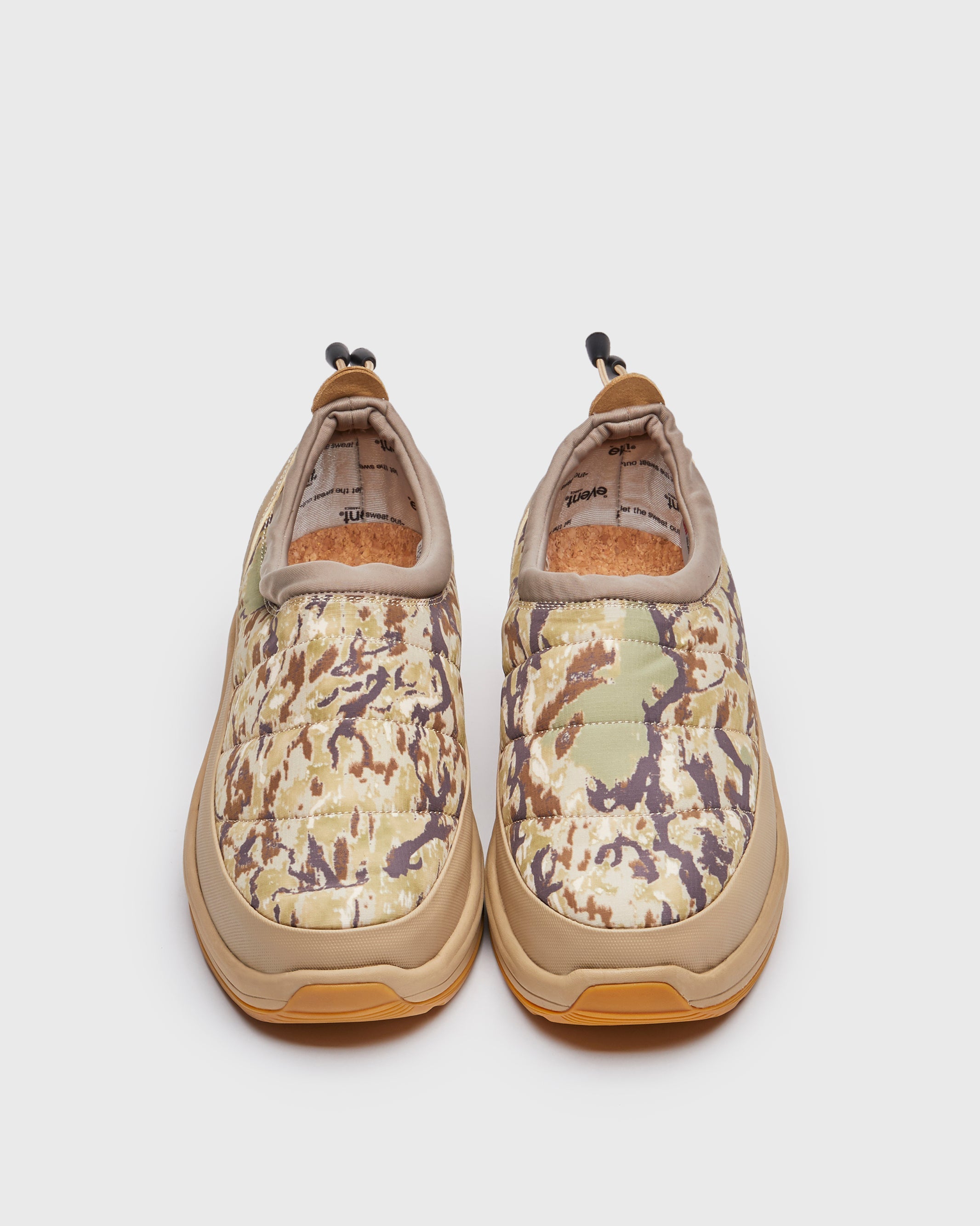 SOUTH2 WEST8 x SUICOKE PEPPER shoes with beige pattern printed upper with original SOUTH2 WEST8 design and beige midsole and sole. From Fall Winter 2023 collection on SUICOKE Official US & Canada Webstore. OG-235EVS2W8 BEIGE