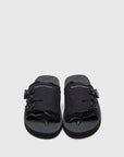 SUICOKE LETA-ab slides with black PU suede upper, black midsole and sole, laces and logo patch. From Spring/Summer 2022 collection on SUICOKE Official US & Canada Webstore.