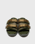 SUICOKE MOTO-Run slides with olive nylon upper, olive midsole and sole, strap and logo patch. From Spring/Summer 2023 collection on SUICOKE Official US & Canada Webstore. OG-332 OLIVE.