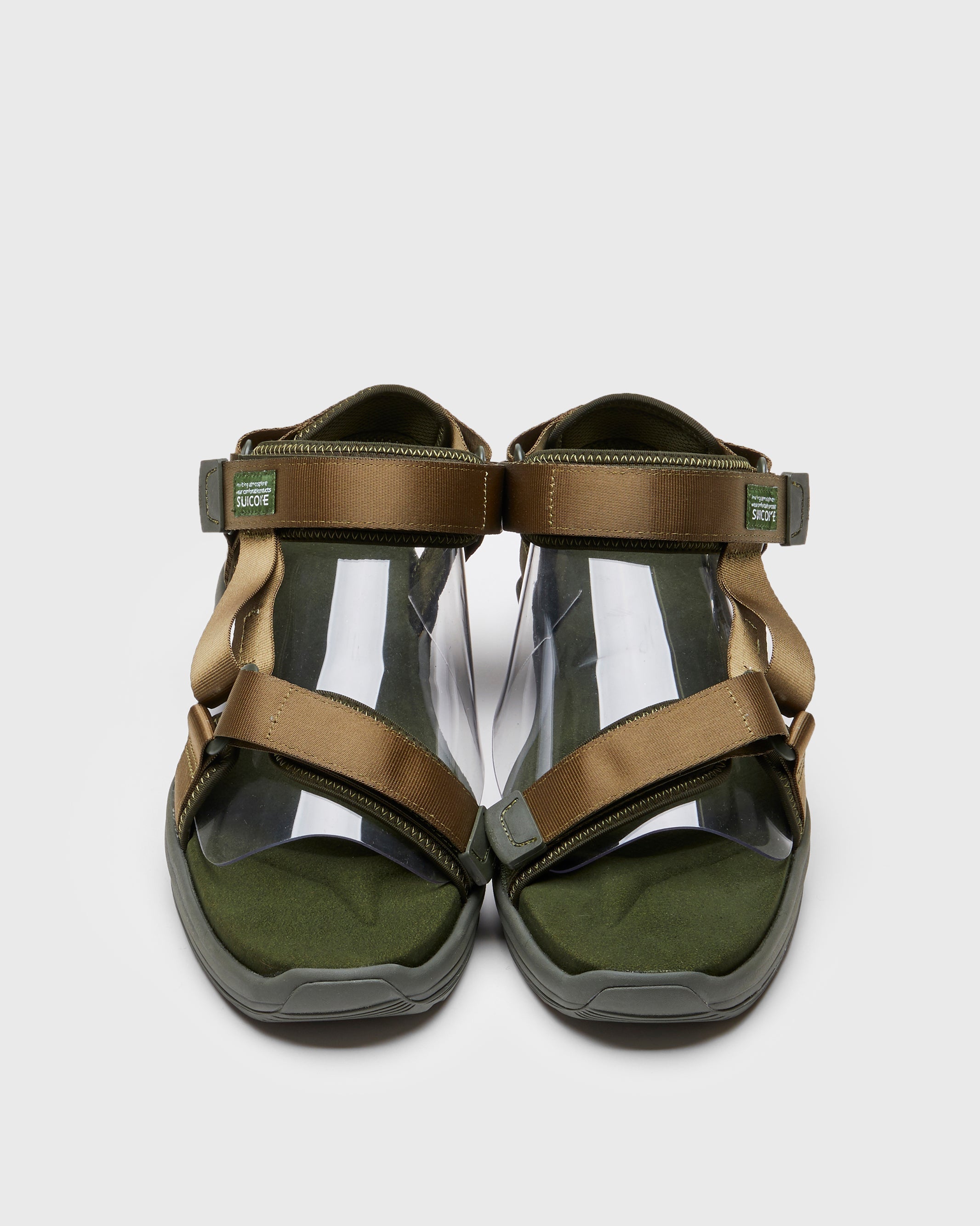 SUICOKE DEPA-Run slides with olive nylon upper, olive midsole and sole, strap and logo patch. From Spring/Summer 2023 collection on SUICOKE Official US & Canada Webstore. OG-333 OLIVE.