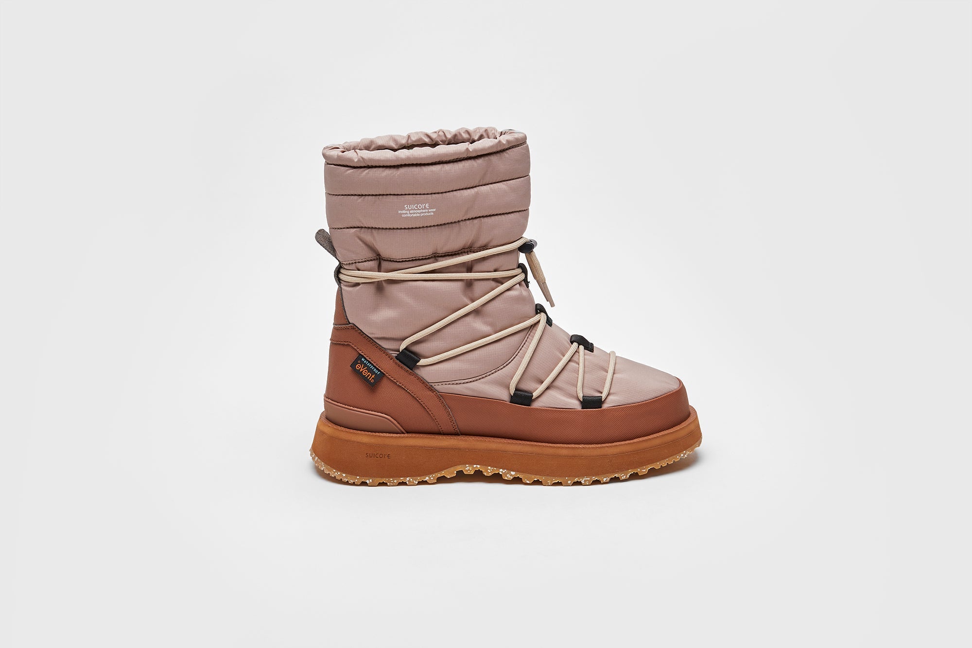 SUICOKE BOWER evab-HI-LACE high top ankle boots with beige & brown nylon upper, eVent waterproof lining and trek sole. From Fall/Winter 2023 collection on SUICOKE Official US & Canada Webstore. OG-340EVAB-HI-LACE BEIGE/BROWN