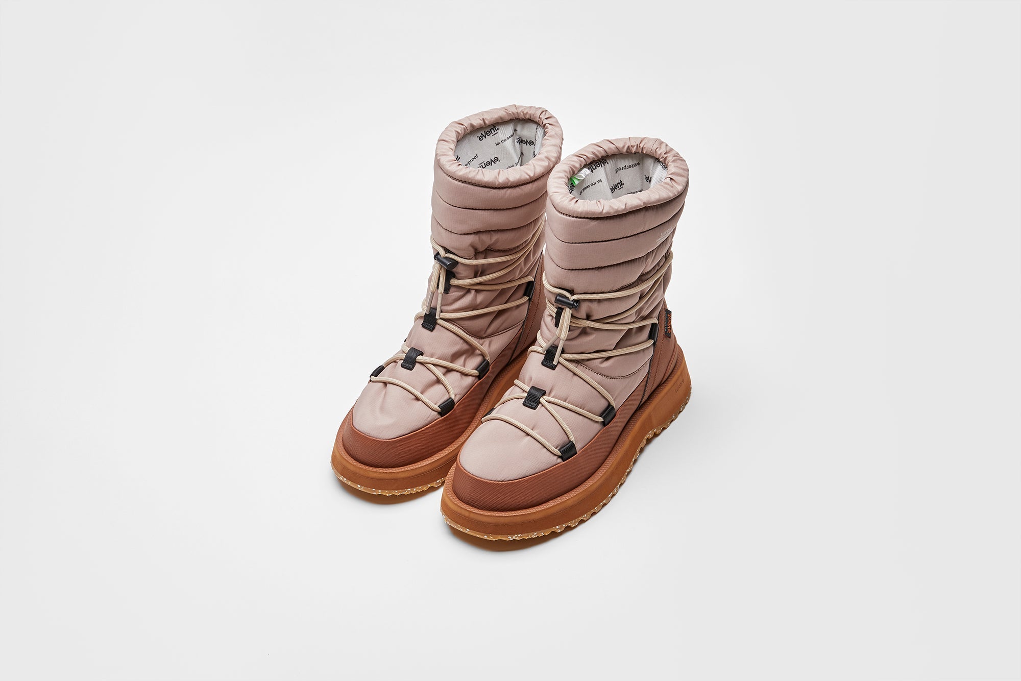 SUICOKE BOWER evab-HI-LACE high top ankle boots with beige & brown nylon upper, eVent waterproof lining and trek sole. From Fall/Winter 2023 collection on SUICOKE Official US & Canada Webstore. OG-340EVAB-HI-LACE BEIGE/BROWN