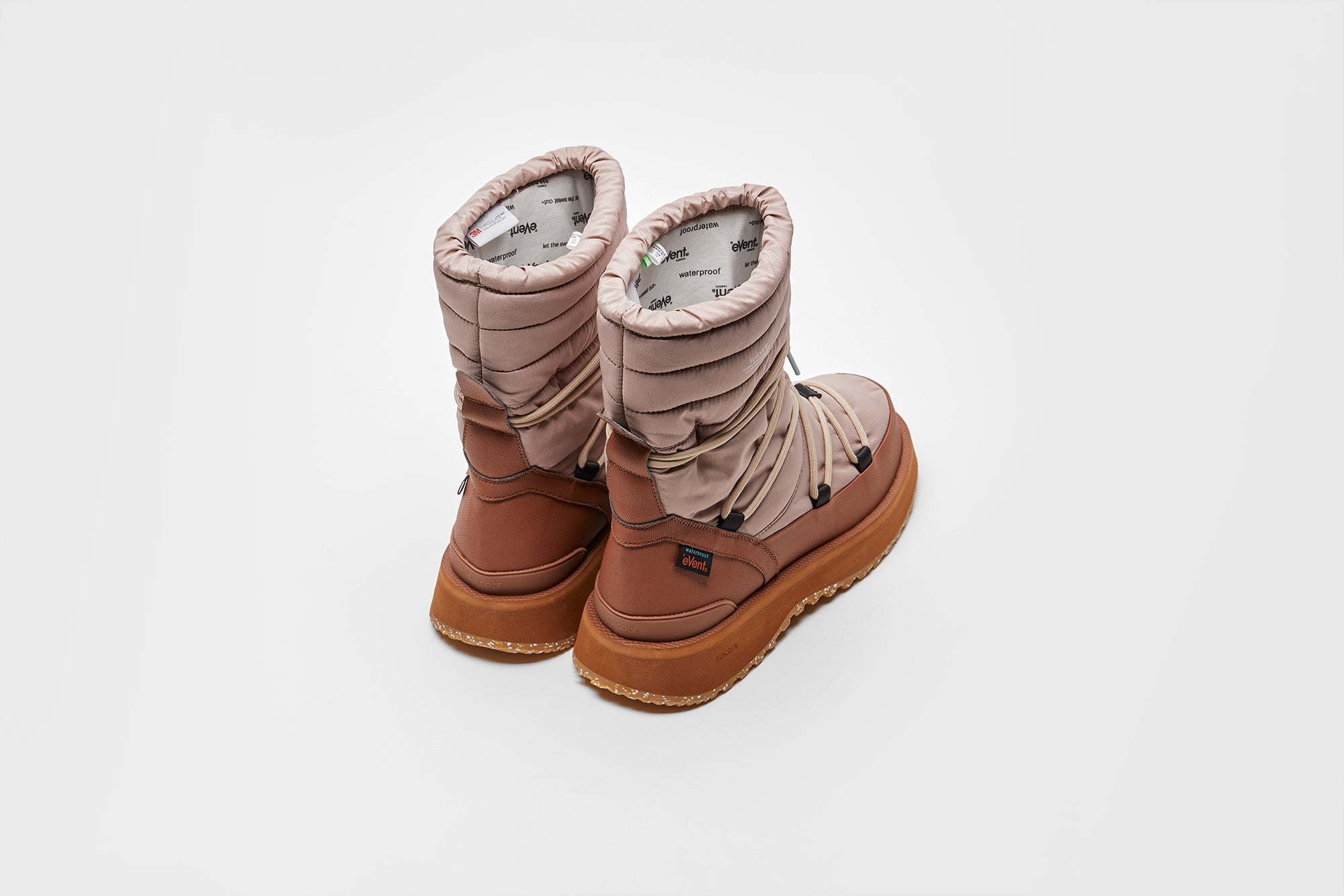 SUICOKE BOWER evab-HI-LACE high top ankle boots with beige & brown nylon upper, eVent waterproof lining and trek sole. From Fall/Winter 2023 collection on SUICOKE Official US & Canada Webstore. OG-340EVAB-HI-LACE BEIGE/BROWN