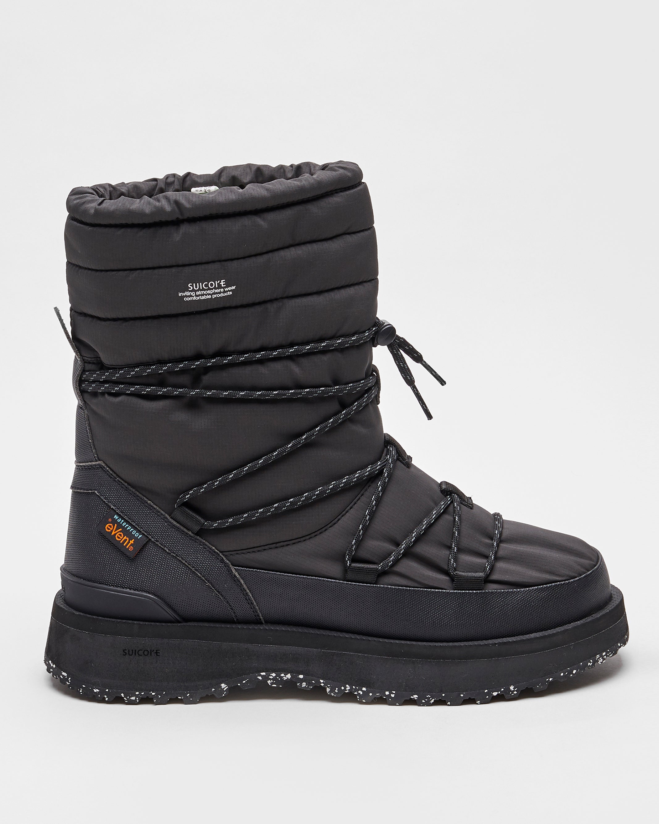 SUICOKE BOWER evab-HI-LACE high top ankle boots with black nylon upper, eVent waterproof lining and trek sole. From Fall/Winter 2023 collection on SUICOKE Official US & Canada Webstore.