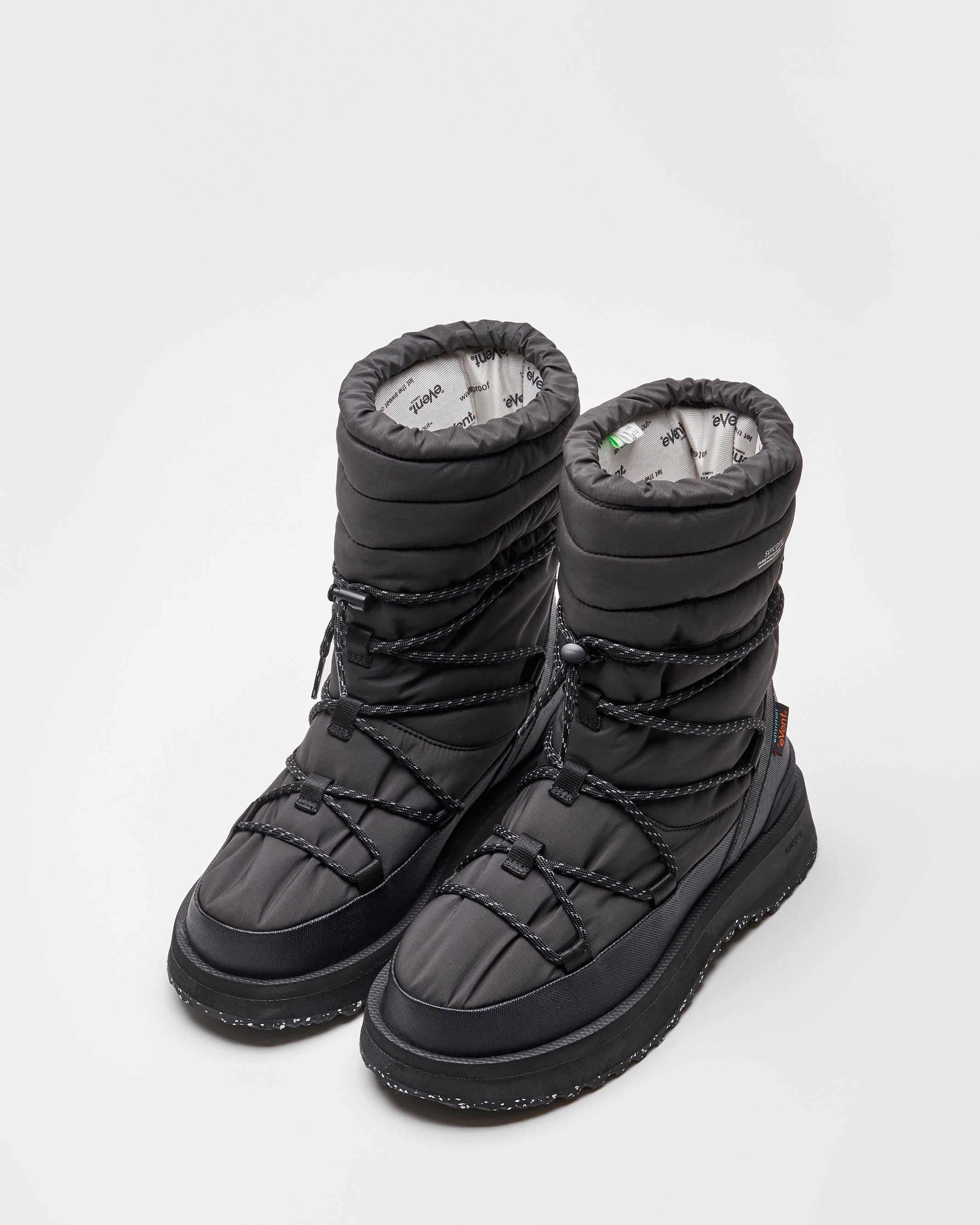 SUICOKE BOWER evab-HI-LACE high top ankle boots with black nylon upper, eVent waterproof lining and trek sole. From Fall/Winter 2023 collection on SUICOKE Official US & Canada Webstore.