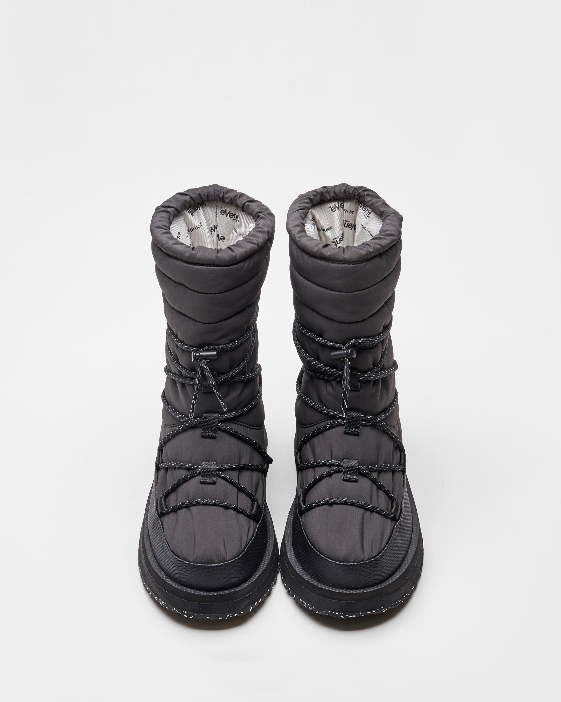 SUICOKE BOWER evab-HI-LACE high top ankle boots with black nylon upper, eVent waterproof lining and trek sole. From Fall/Winter 2023 collection on SUICOKE Official US & Canada Webstore.