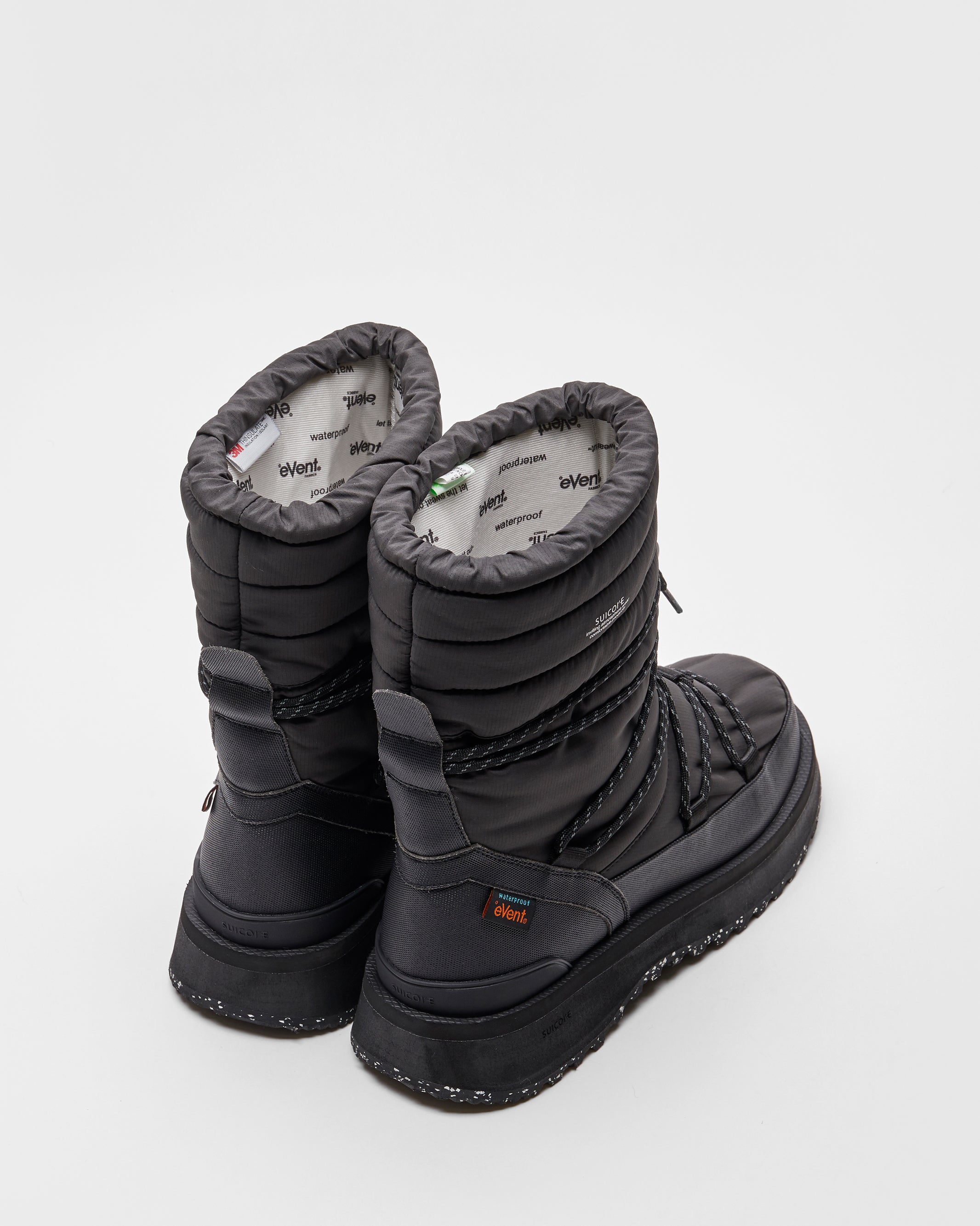 SUICOKE BOWER evab-HI-LACE high top ankle boots with black nylon upper, eVent waterproof lining and trek sole. From Fall/Winter 2023 collection on SUICOKE Official US & Canada Webstore.