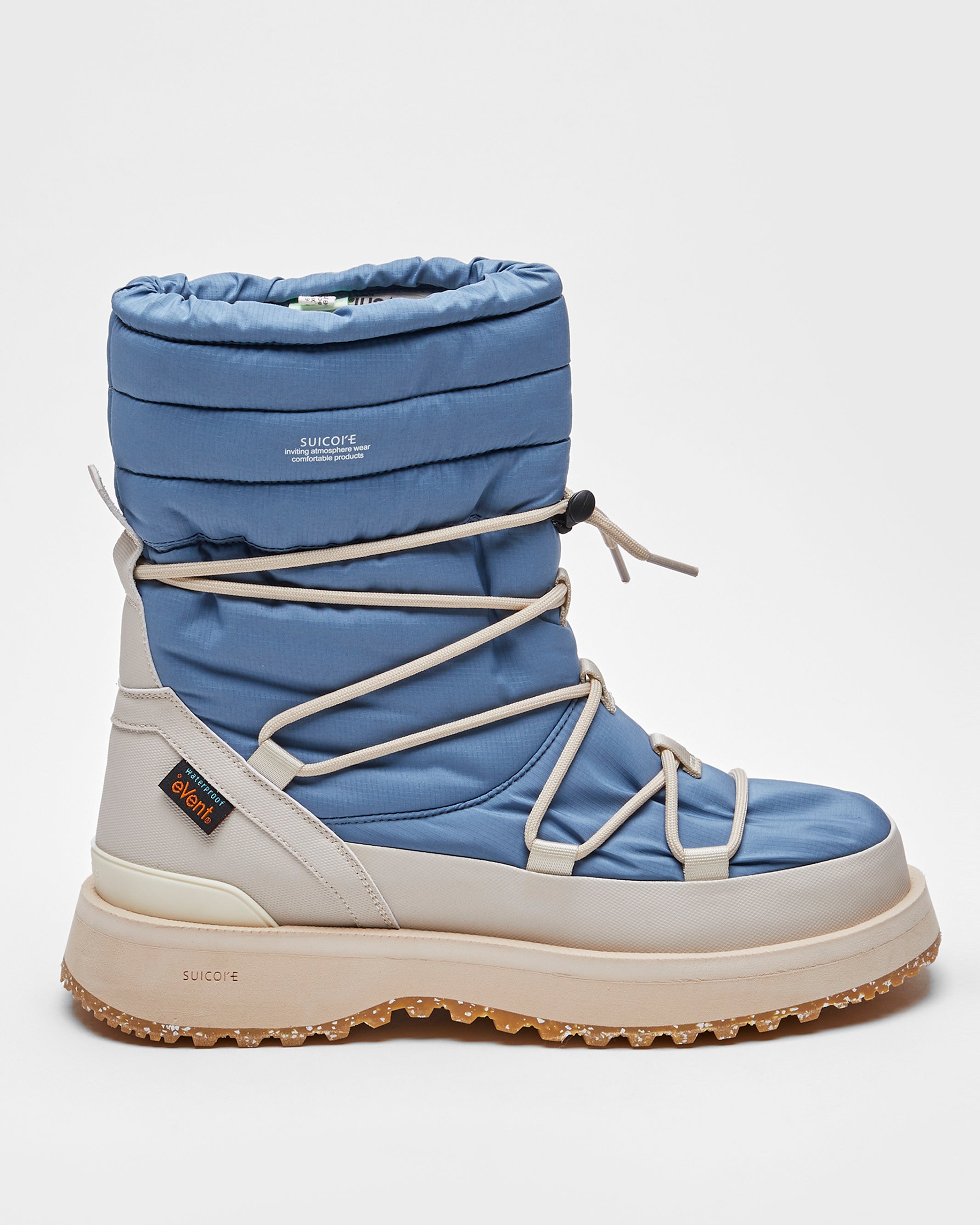 SUICOKE BOWER evab-HI-LACE high top ankle boots with blue x ivory nylon upper, eVent waterproof lining and trek sole. From Fall/Winter 2023 collection on SUICOKE Official US & Canada Webstore.