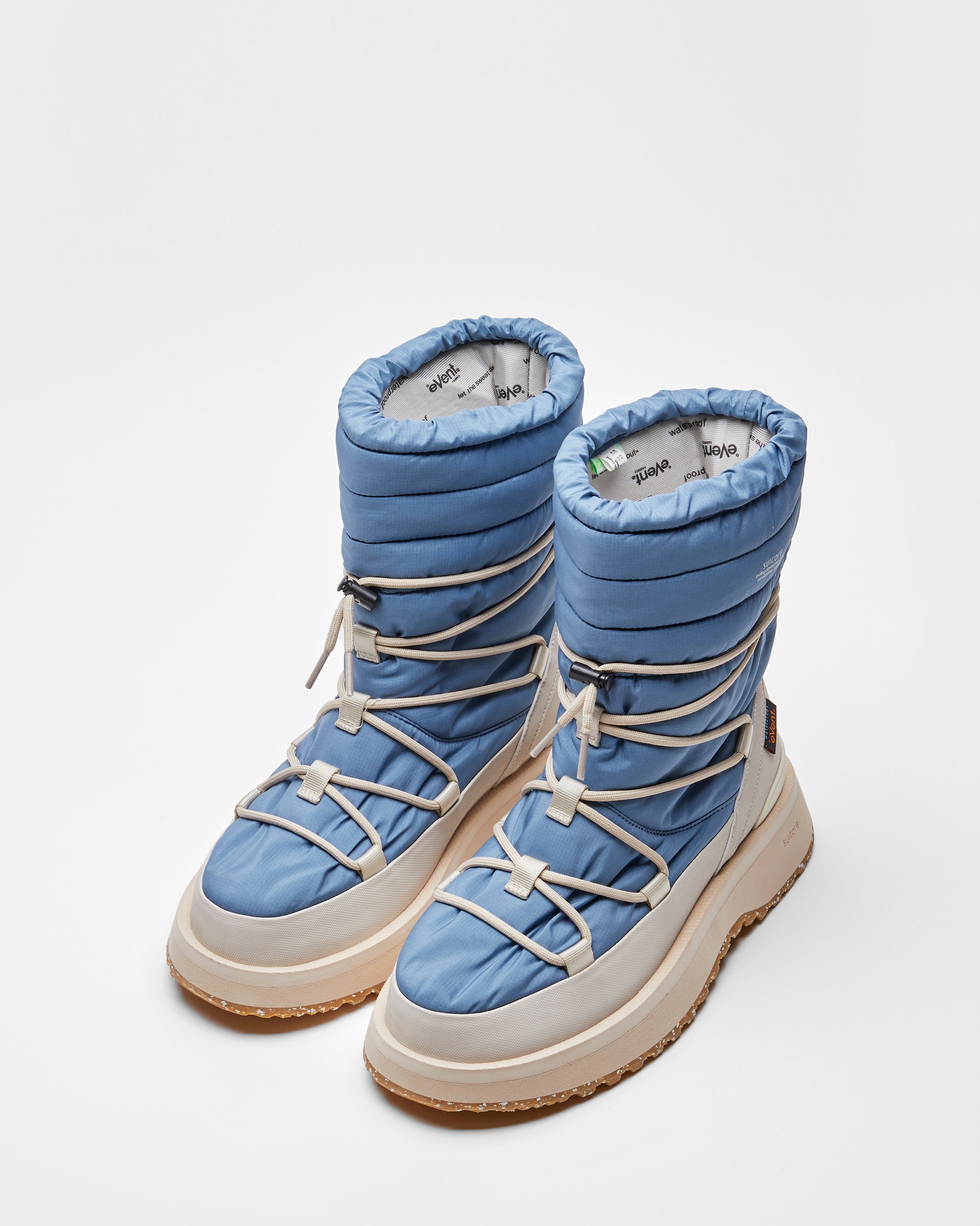 SUICOKE BOWER evab-HI-LACE high top ankle boots with blue x ivory nylon upper, eVent waterproof lining and trek sole. From Fall/Winter 2023 collection on SUICOKE Official US & Canada Webstore.