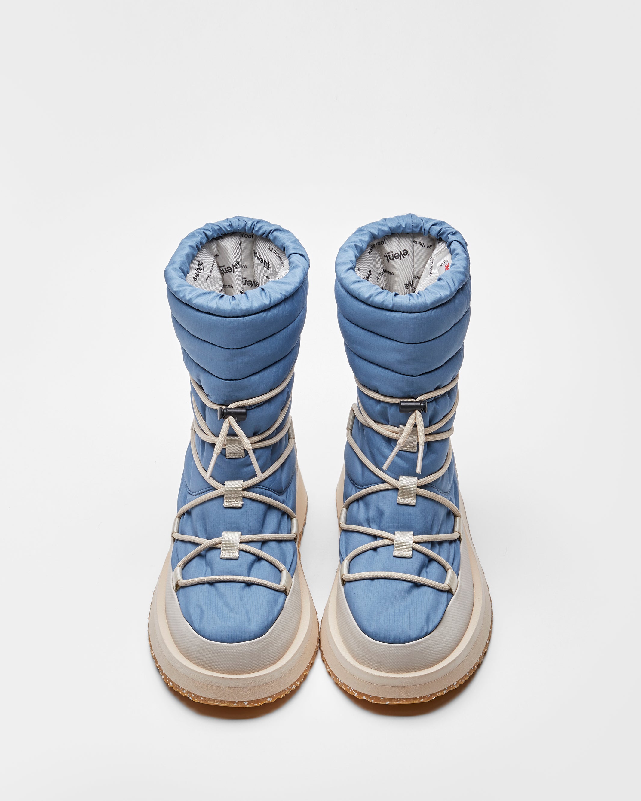 SUICOKE BOWER evab-HI-LACE high top ankle boots with blue x ivory nylon upper, eVent waterproof lining and trek sole. From Fall/Winter 2023 collection on SUICOKE Official US & Canada Webstore.