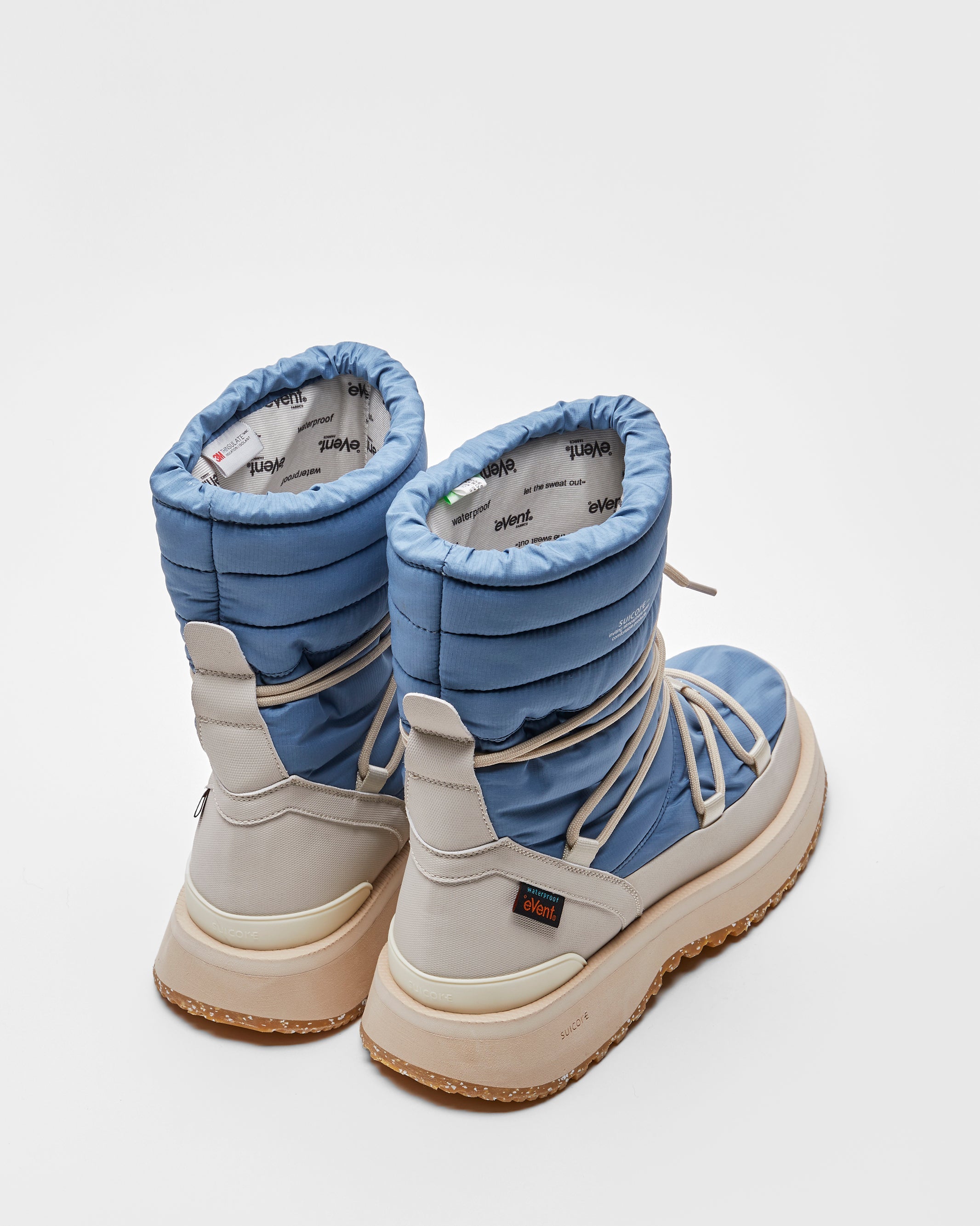 SUICOKE BOWER evab-HI-LACE high top ankle boots with blue x ivory nylon upper, eVent waterproof lining and trek sole. From Fall/Winter 2023 collection on SUICOKE Official US & Canada Webstore.