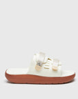 SUICOKE URICH slides with off-white rubber upper, off-white rubber midsole and sole, off white nylon strap and logo patch. From Spring/Summer 2023 collection on SUICOKE Official US & Canada Webstore. OG-INJ-01 OFF WHITE