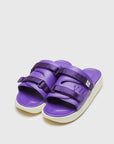 SUICOKE URICH slides with purple rubber upper, purple rubber midsole and sole, purple nylon strap and logo patch. From Spring/Summer 2023 collection on SUICOKE Official US & Canada Webstore. OG-INJ-01 PURPLE.