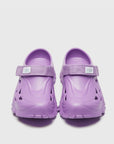 SUICOKE MOK slides with purple rubber upper, purple midsole and sole, straps and logo patch. From Spring/Summer 2023 collection on SUICOKE Official US & Canada Webstore. OG-INJ101 PURPLE