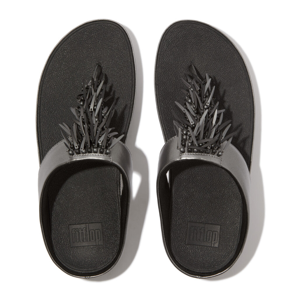 FITFLOP Rumba Beaded Metallic Toe-Post Sandals in Black HI7 | Shop from eightywingold an official brand partner for Fitflop Canada and US.