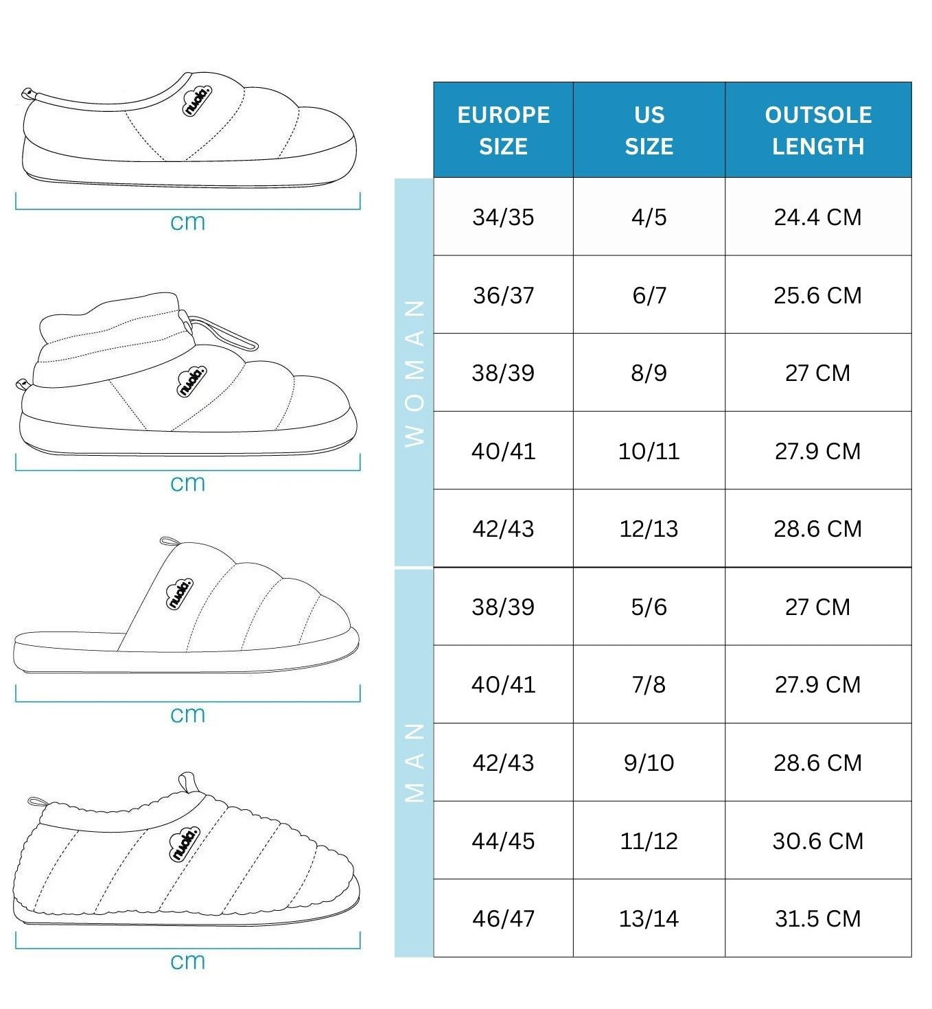 SIZE CHART Nuvola Classic Slippers in Black CNCLAG10 FROM EIGHTYWINGOLD - OFFICIAL BRAND PARTNER