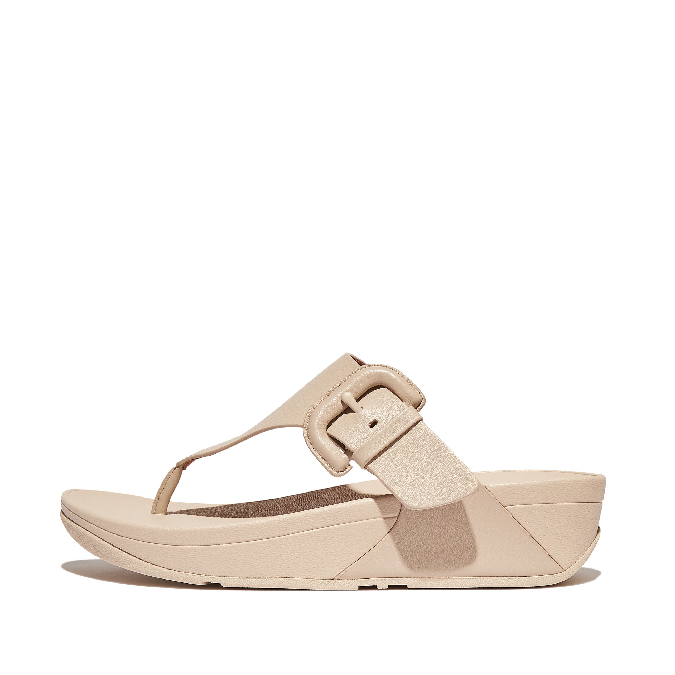 FITFLOP Lulu Covered-Buckle Raw-Edge Leather Toe-Thongs in Beige HG9 | Shop from eightywingold an official brand partner for Fitflop Canada and US.