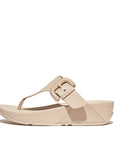 FITFLOP Lulu Covered-Buckle Raw-Edge Leather Toe-Thongs in Beige HG9 | Shop from eightywingold an official brand partner for Fitflop Canada and US.