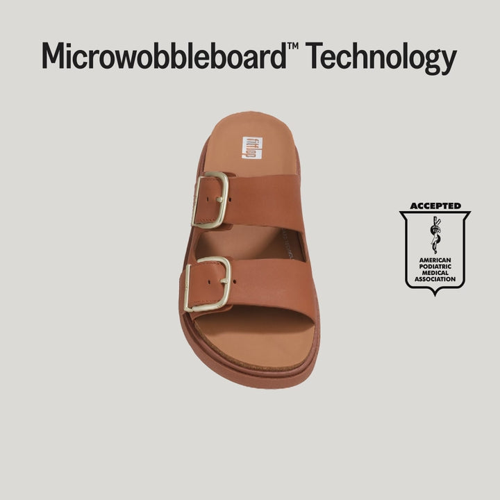 FITFLOP Gen-Ff Buckle Two-Bar Leather Slides in Light Tan  HE8 | Shop from eightywingold an official brand partner for Fitflop Canada and US.