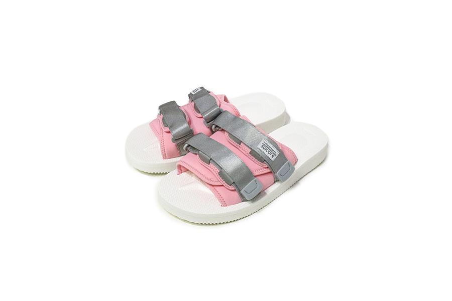 SUICOKE Web Exclusive Edition KISEE-VPO sandals with gray/pink nylon upper, white EVA antibacterial footbed, SUICOKE original sole, gray strap and logo patch. From Spring Summer 2021 collection on SUICOKE Official US & Canada Webstore.