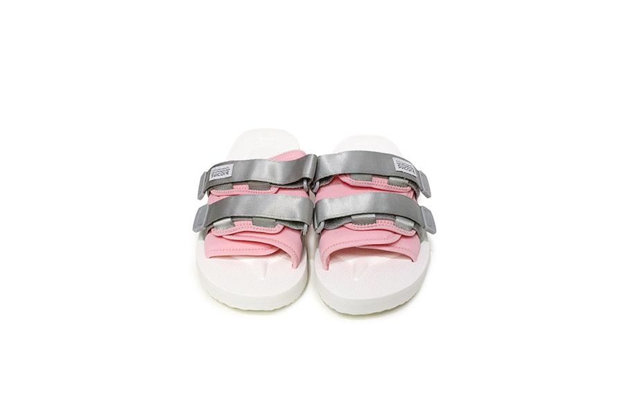 SUICOKE Web Exclusive Edition KISEE-VPO sandals with gray/pink nylon upper, white EVA antibacterial footbed, SUICOKE original sole, gray strap and logo patch. From Spring Summer 2021 collection on SUICOKE Official US & Canada Webstore.