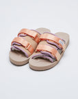 SUICOKE MOTO-Mab suede slides with beige midsole and sole, gray suede upper and shearling inside with light purple piping and light pink nylon straps. From Fall/Winter 2021 collection on SUICOKE Official US & Canada Webstore.