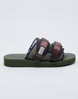 SUICOKE MOTO-Mab suede slides with green midsole and sole, green suede upper and shearling inside with navy piping and brown nylon straps with a logo patch. From Fall/Winter 2021 collection on SUICOKE Official US & Canada Webstore.