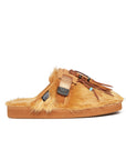 Alanui edition SUICOKE Zavo closed toe slides with camel colored fur on the upper and footbed. Includes a dark and light brown suede-beaded fringe that is a detachable piece from the singular nylon strap across the upper. From Fall/Winter 2021 collection on SUICOKE Official US & Canada Webstore.