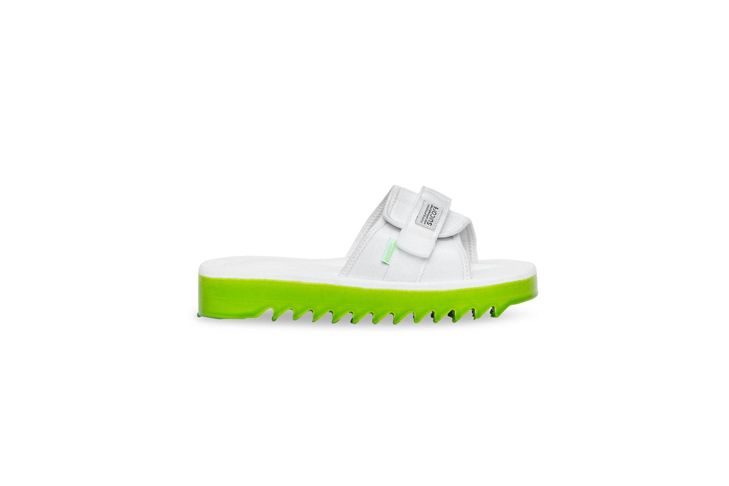 SUICOKE Padri-Slpoab neon green platform shark sole slide sandal, with white footbed and straps. From SUICOKE SS21 collection.