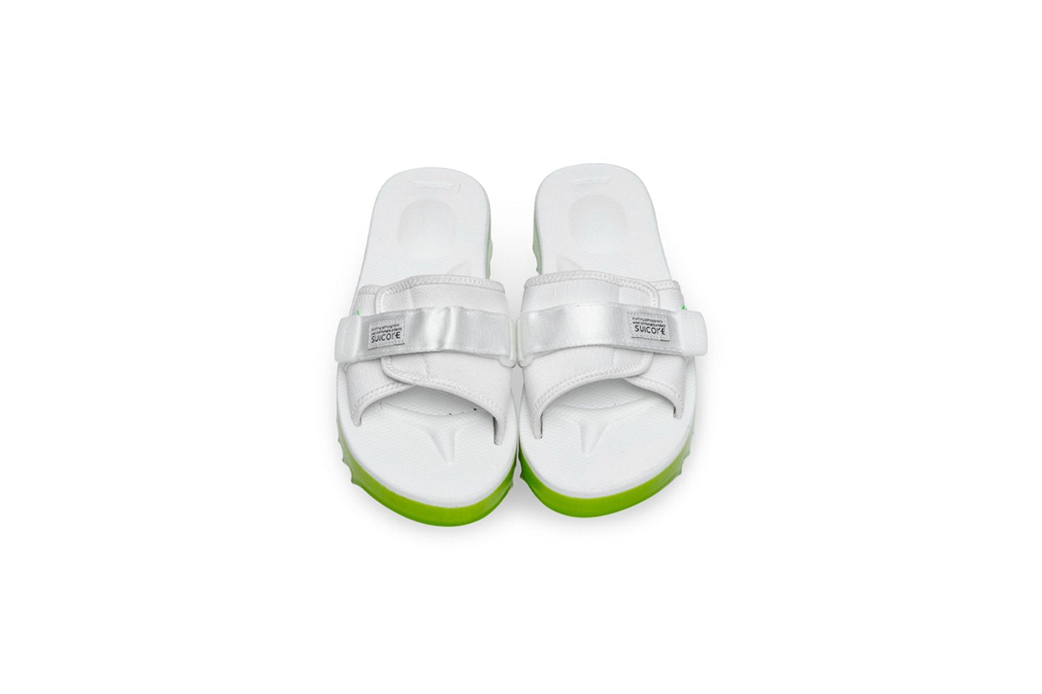 SUICOKE Padri-Slpoab neon green platform shark sole slide sandal, with white footbed and straps. From SUICOKE SS21 collection.