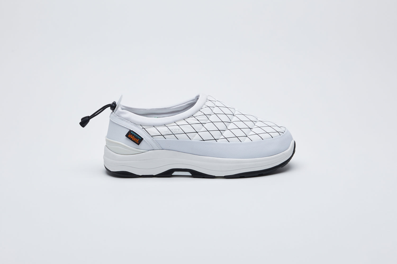 SUICOKE BOWER-evab-PT1 low top ankle boots with white nylon upper with black outlined diamond print and a running sole with adjustable toggle cord closure. From Fall/Winter 2021 collection on SUICOKE Official US &amp; Canada Webstore.