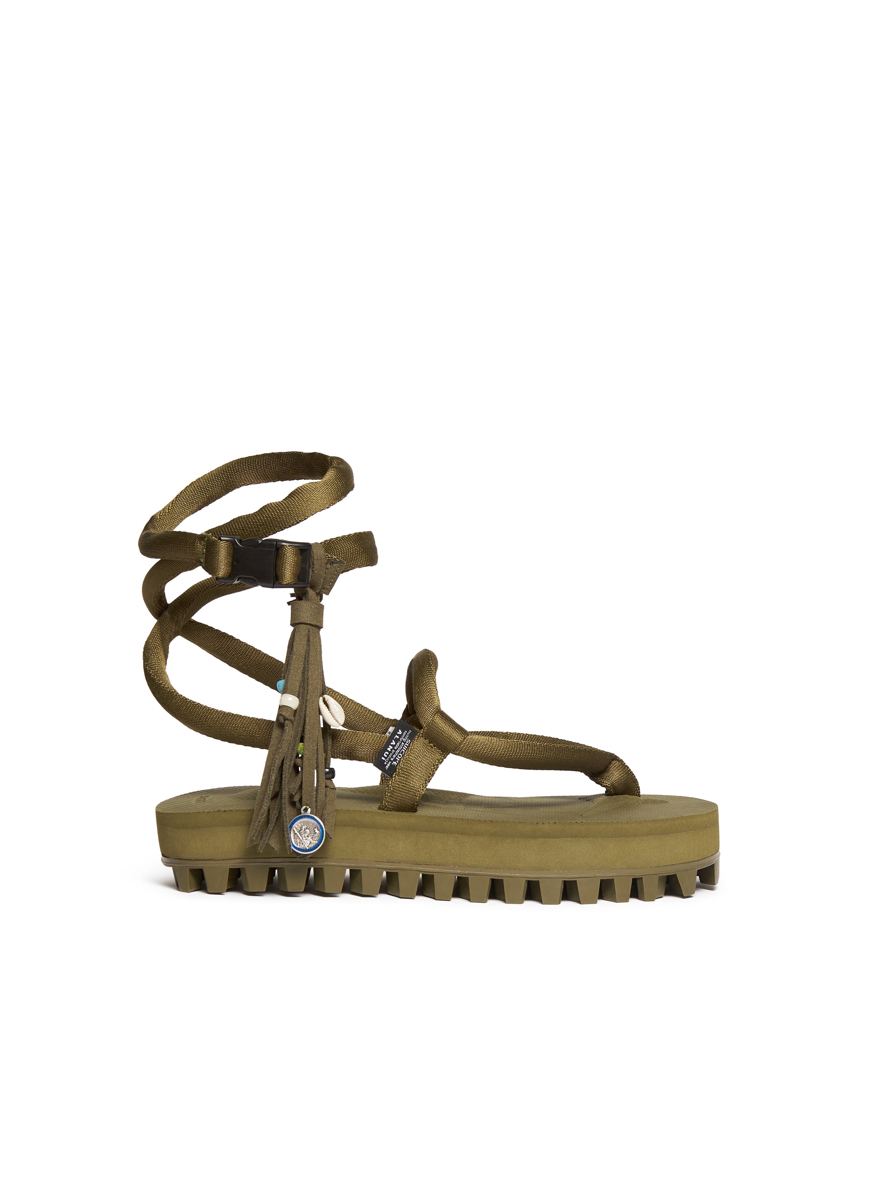 SUICOKE Alanui Edition GUT-HI-ab sandals with Cushioned Nylon Straps w/ Suede Fringe Accents , olive midsole and sole. From Spring/Summer 2022 collection on SUICOKE Official US &amp; Canada Webstore.