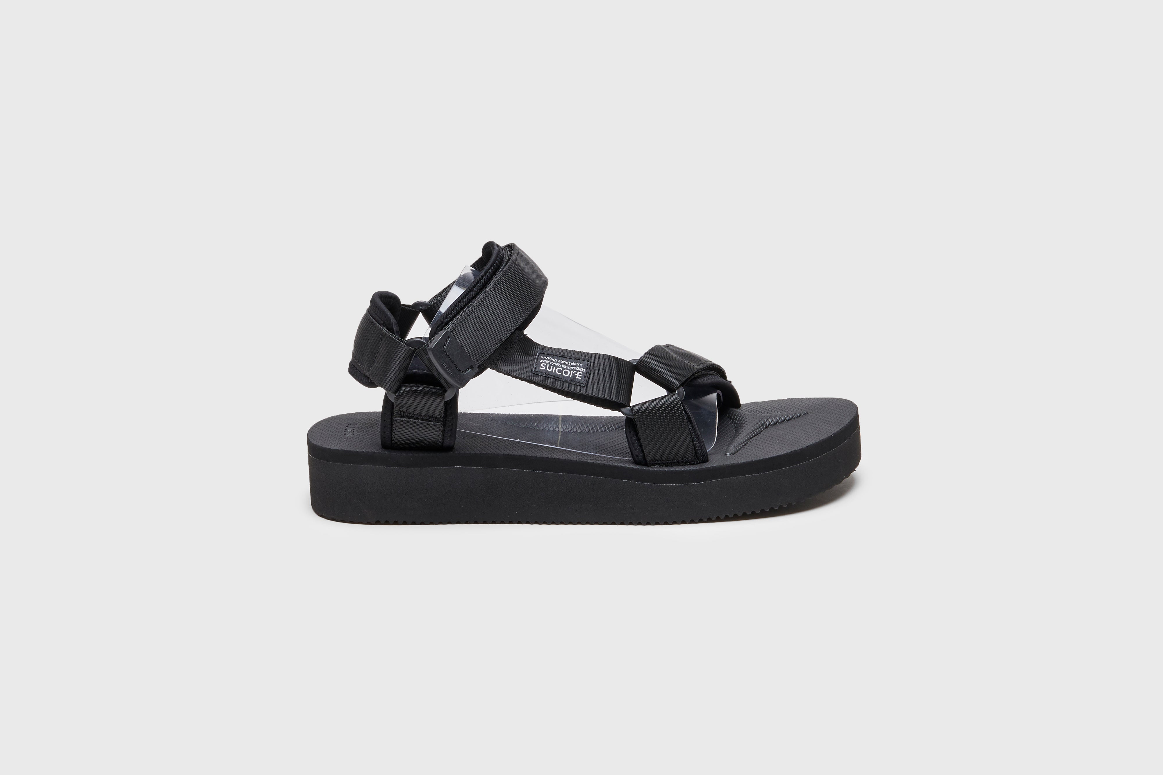 SUICOKE DEPA-2PO sandals with black nylon upper, black midsole and sole, strap and logo patch. From Spring/Summer 2023 collection on eightywingold Web Store, an official partner of SUICOKE. OG-022-2PO BLACK