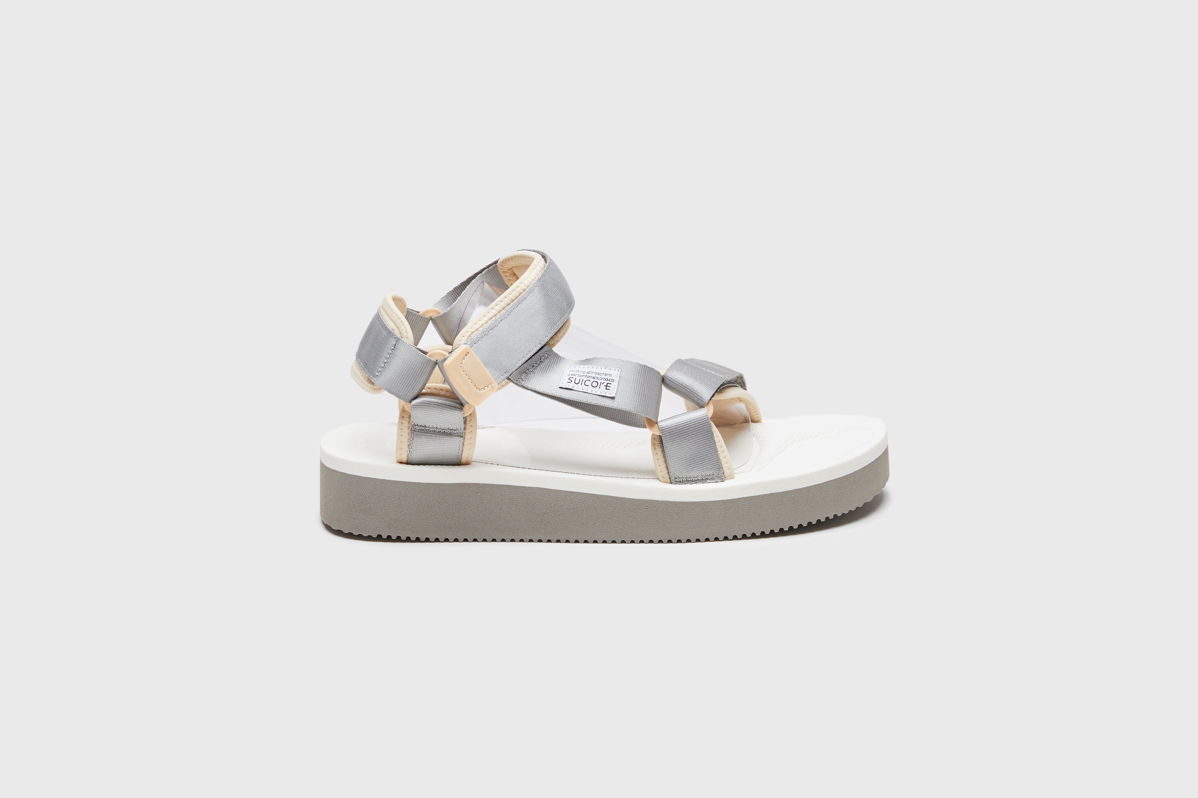 SUICOKE DEPA-2PO sandals with gray &amp; white nylon upper, gray &amp; white midsole and sole, strap and logo patch. From Spring/Summer 2023 collection on eightywingold Web Store, an official partner of SUICOKE. OG-022-2PO GRAY X WHITE
