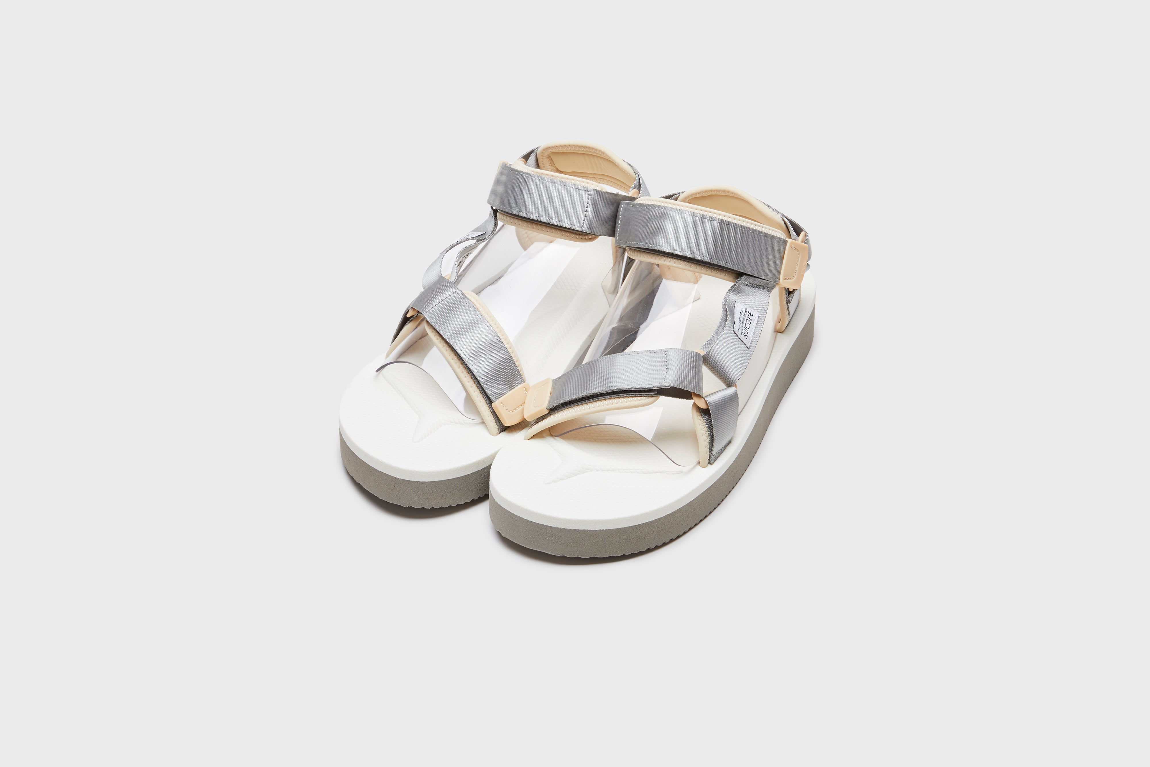 SUICOKE DEPA-2PO sandals with gray & white nylon upper, gray & white midsole and sole, strap and logo patch. From Spring/Summer 2023 collection on eightywingold Web Store, an official partner of SUICOKE. OG-022-2PO GRAY X WHITE