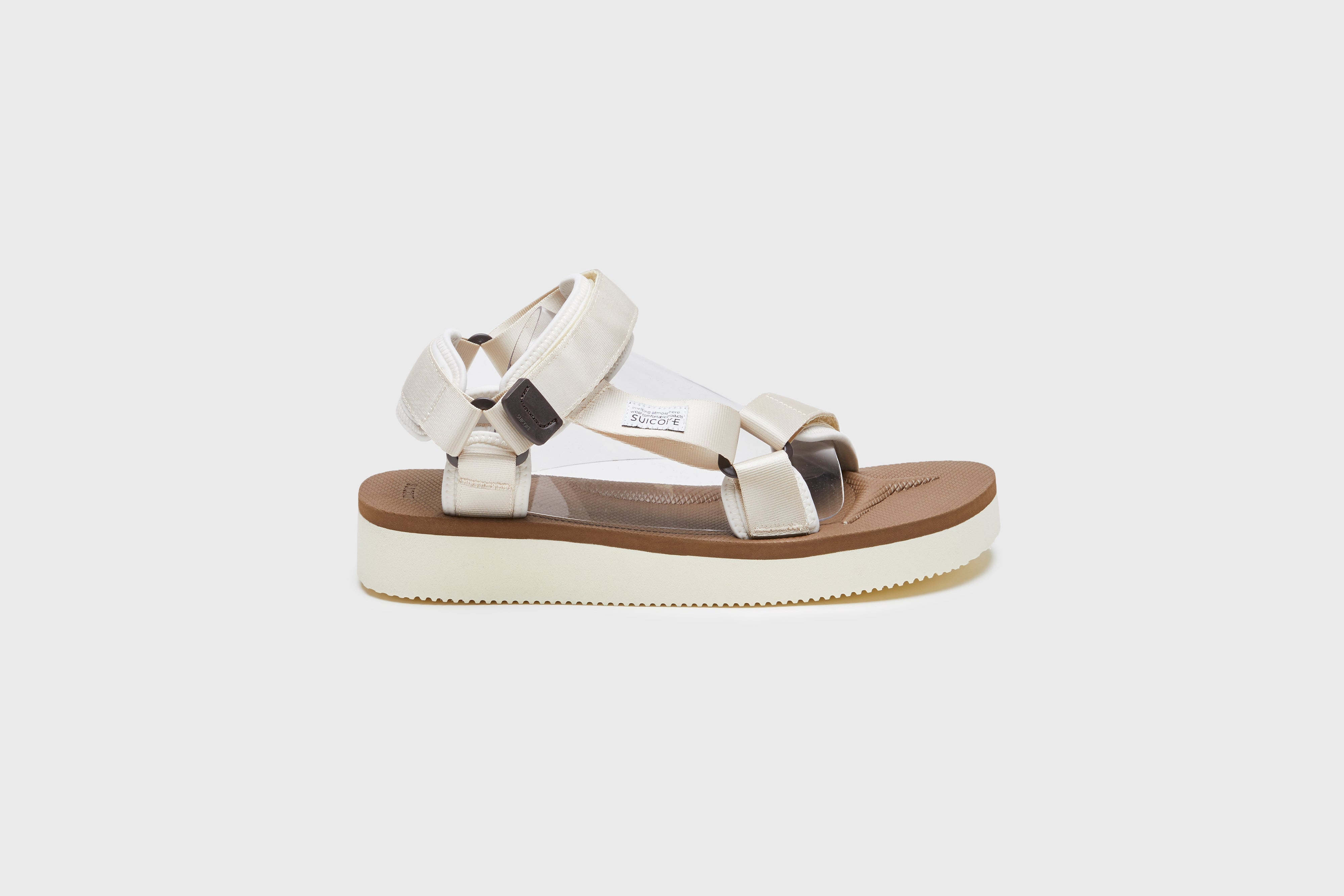 SUICOKE DEPA-2PO sandals with ivory &amp; brown nylon upper, ivory &amp; brown midsole and sole, strap and logo patch. From Spring/Summer 2023 collection on eightywingold Web Store, an official partner of SUICOKE. OG-022-2PO IVORY X BROWN