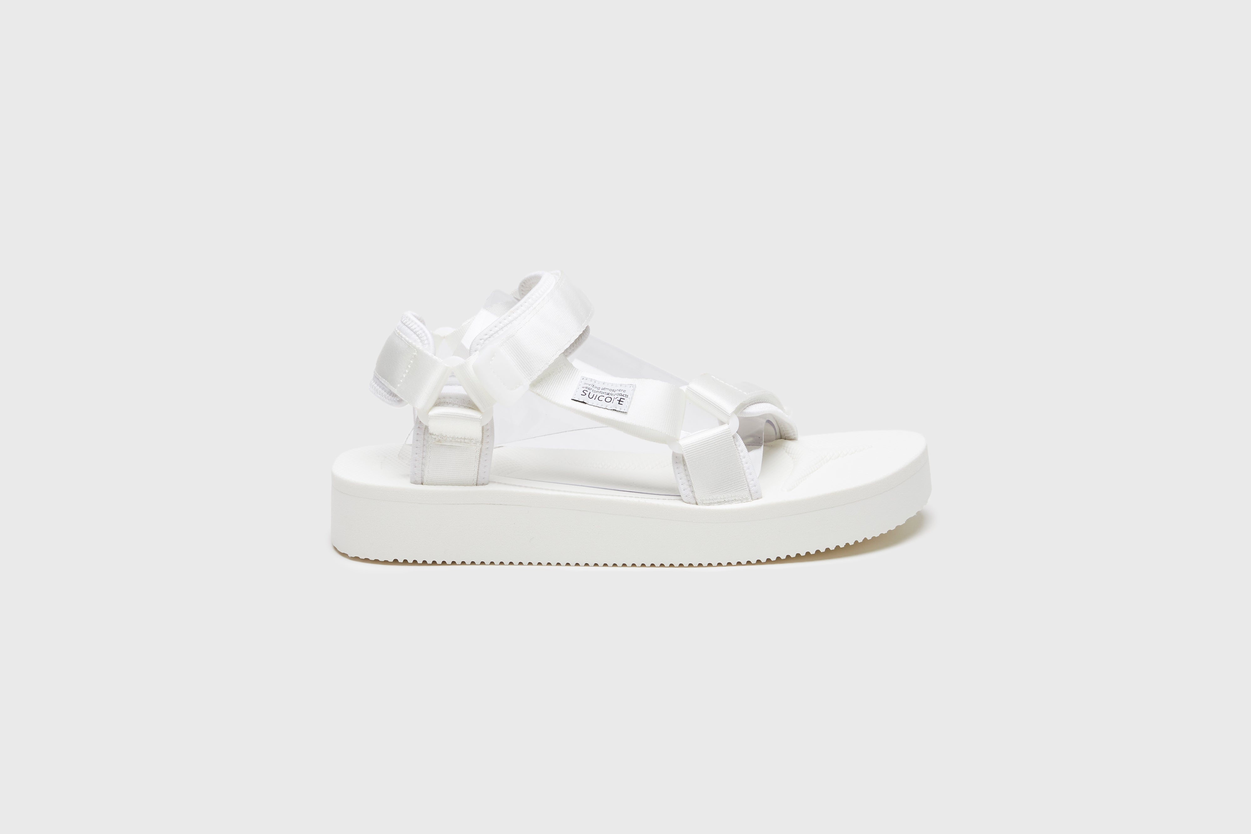SUICOKE DEPA-2PO sandals with white nylon upper, white midsole and sole, strap and logo patch. From Spring/Summer 2023 collection on eightywingold Web Store, an official partner of SUICOKE. OG-022-2PO WHITE
