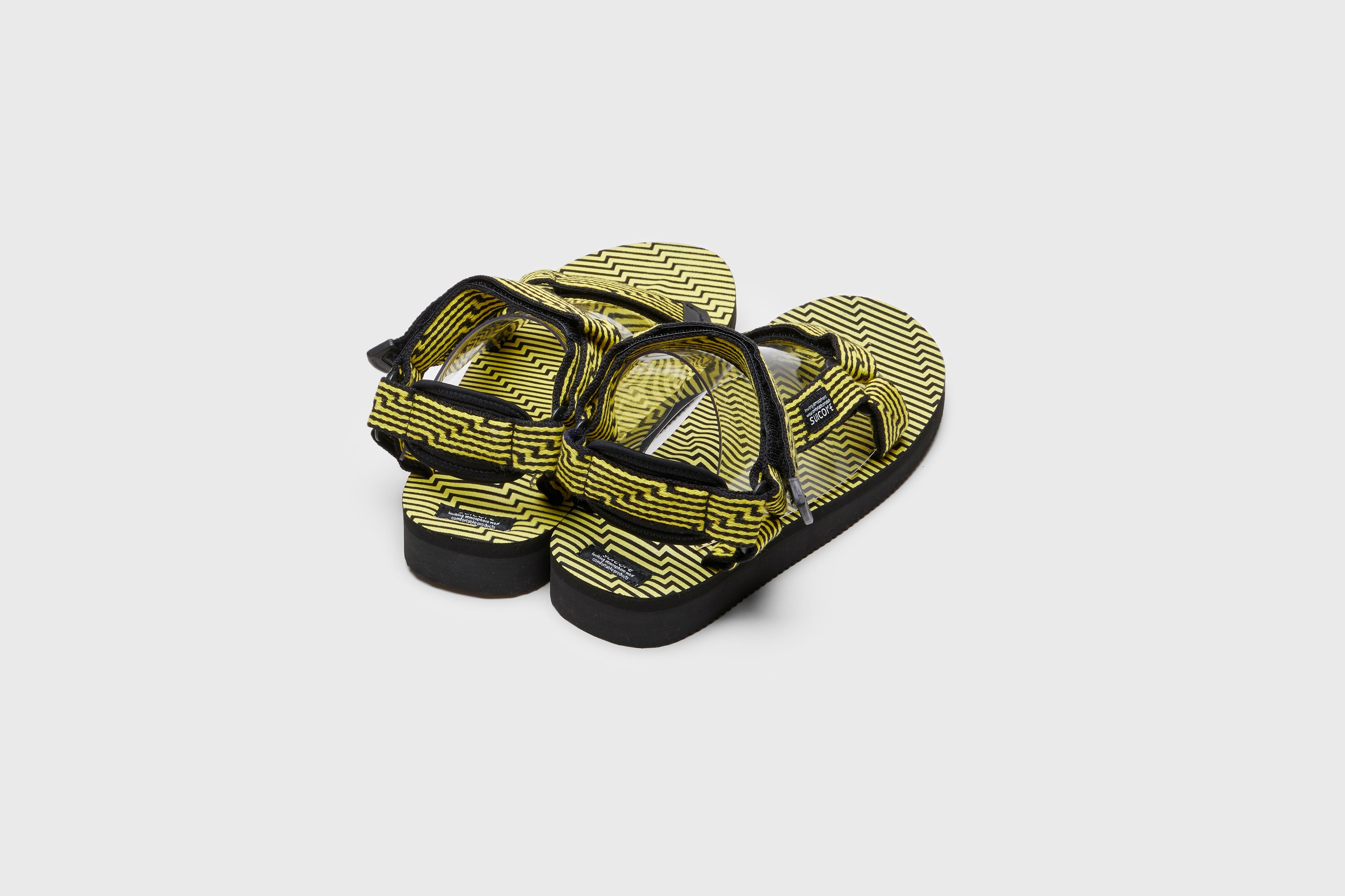 SUICOKE DEPA-JC01 sandals with black &amp; yellow nylon upper, black &amp; yellow midsole and sole, strap and logo patch. From Spring/Summer 2023 collection on eightywingold Web Store, an official partner of SUICOKE. OG-022-JC01 BLACK X YELLOW