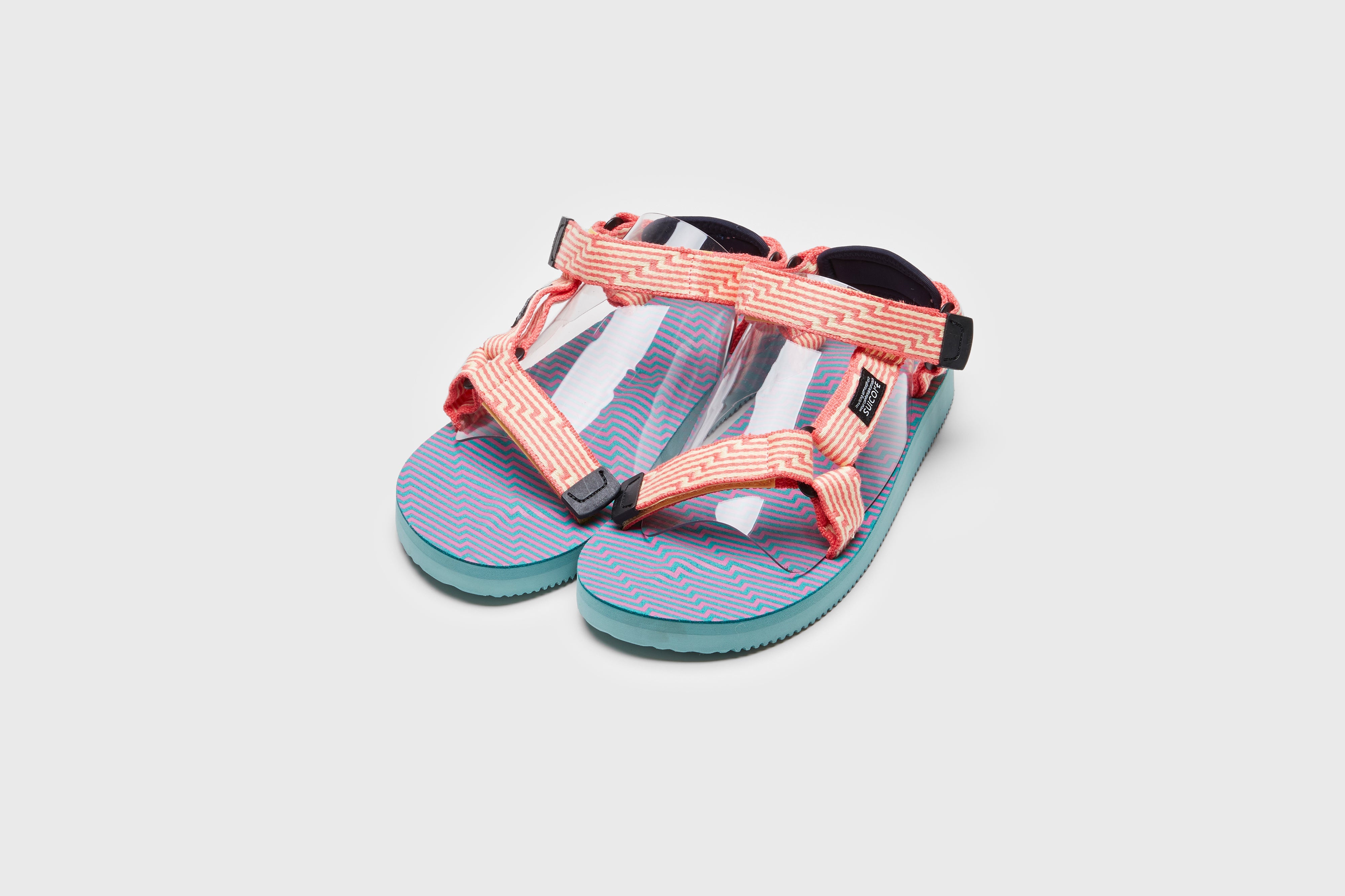 SUICOKE DEPA-JC01 sandals with yellow & pink nylon upper, yellow & pink midsole and sole, strap and logo patch. From Spring/Summer 2023 collection on eightywingold Web Store, an official partner of SUICOKE. OG-022-JC01 YELLOW X PINK